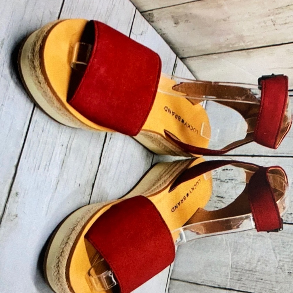Lucky brand Josiah won 7.5M red suede ankle strap espadrille platform
